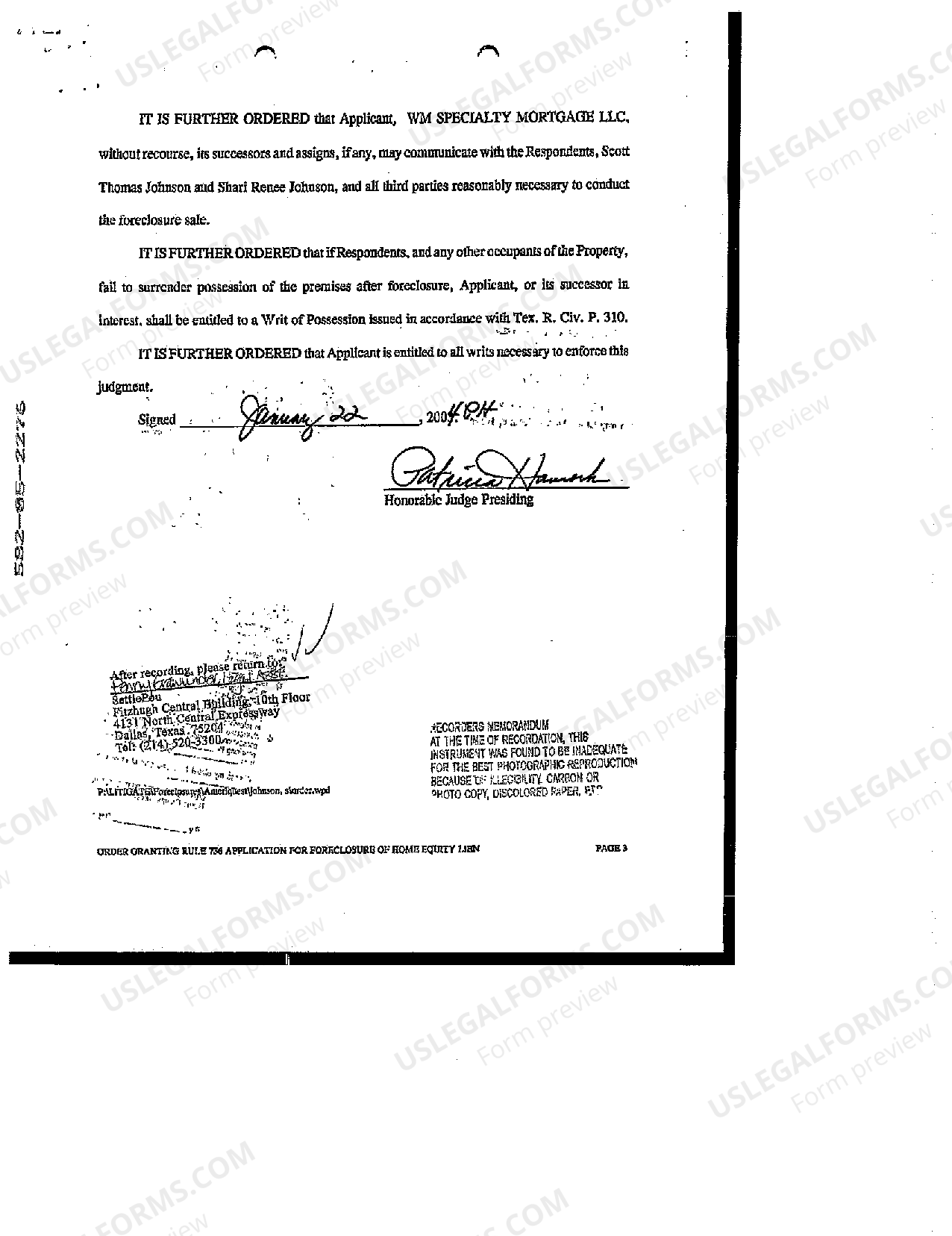 Irving Texas Order Granting Rule 736 Application for Foreclosure of