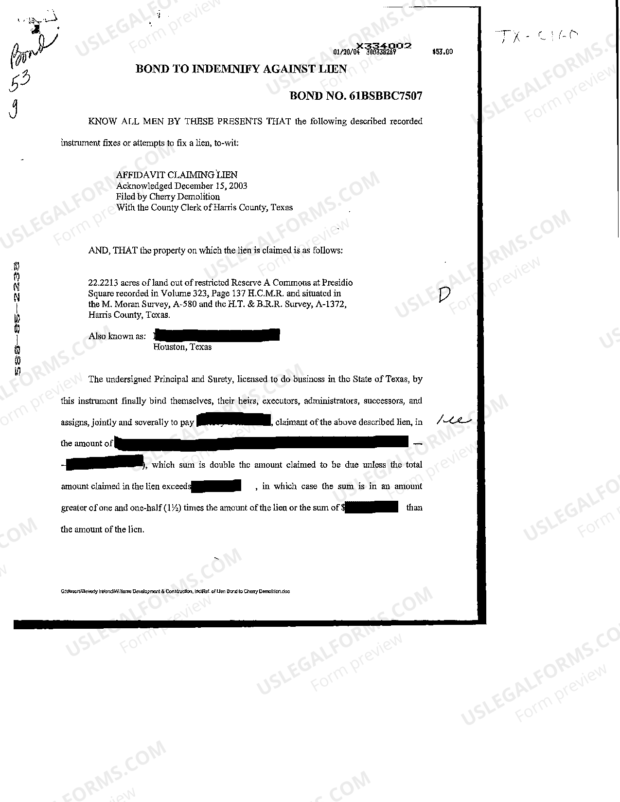 Texas Bond to Indemnify Against Lien Bond To Indemnify Against Lien