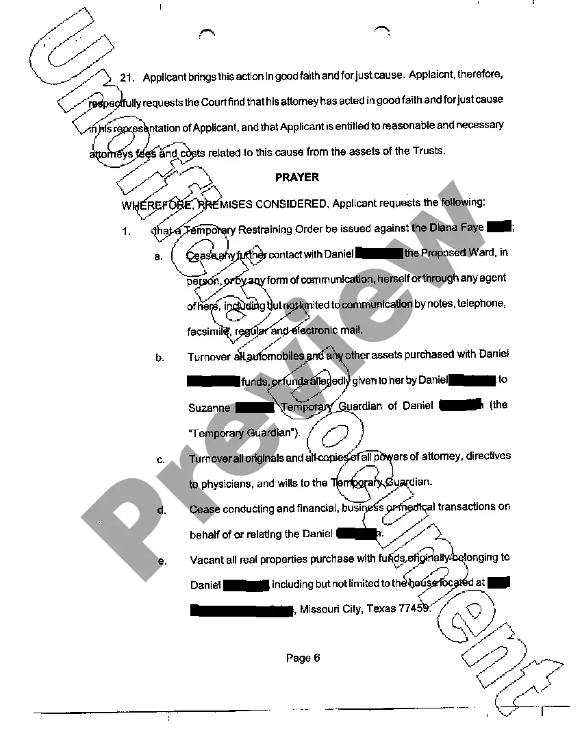 Get A01 Application for Temporary Restraining Order and Temporary Injunction Preview A01 Application for Temporary Restraining Order and Temporary Injunction
