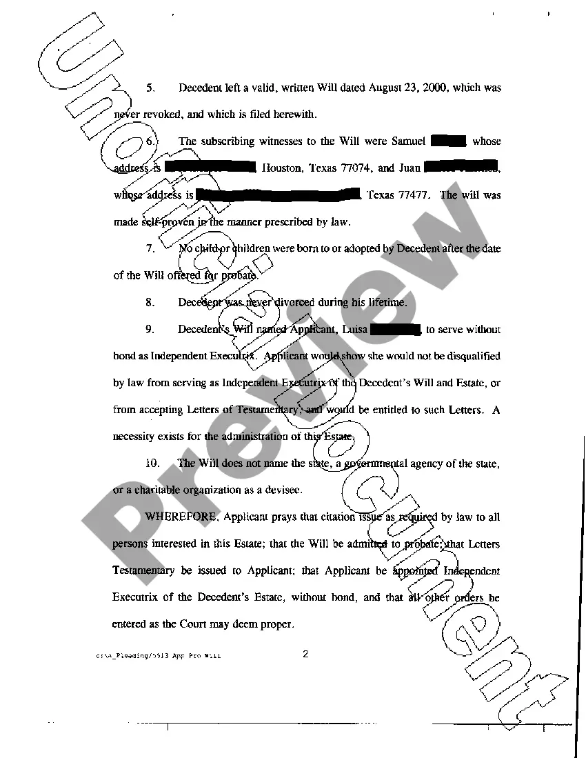 Preview Application for Probate of Will and Issuance of Letters Testamentary