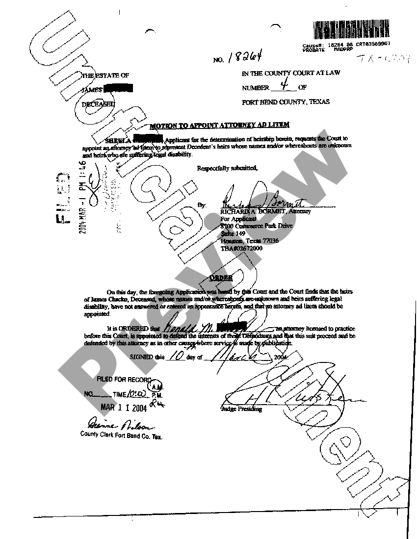 Harris Texas Motion to Appoint Attorney Ad Litem US Legal Forms