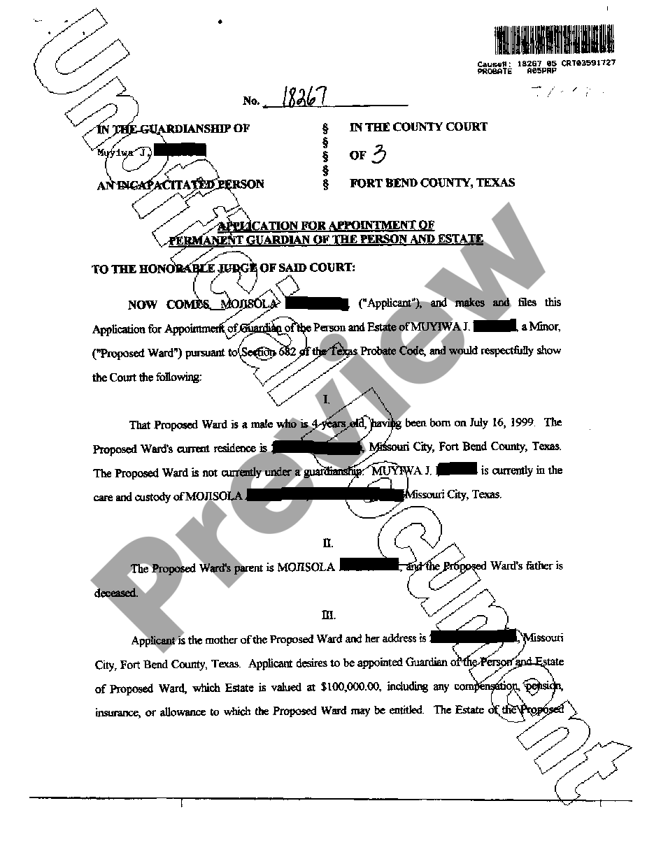 Houston Texas Application for Appointment of Permanent Guardian of the ...