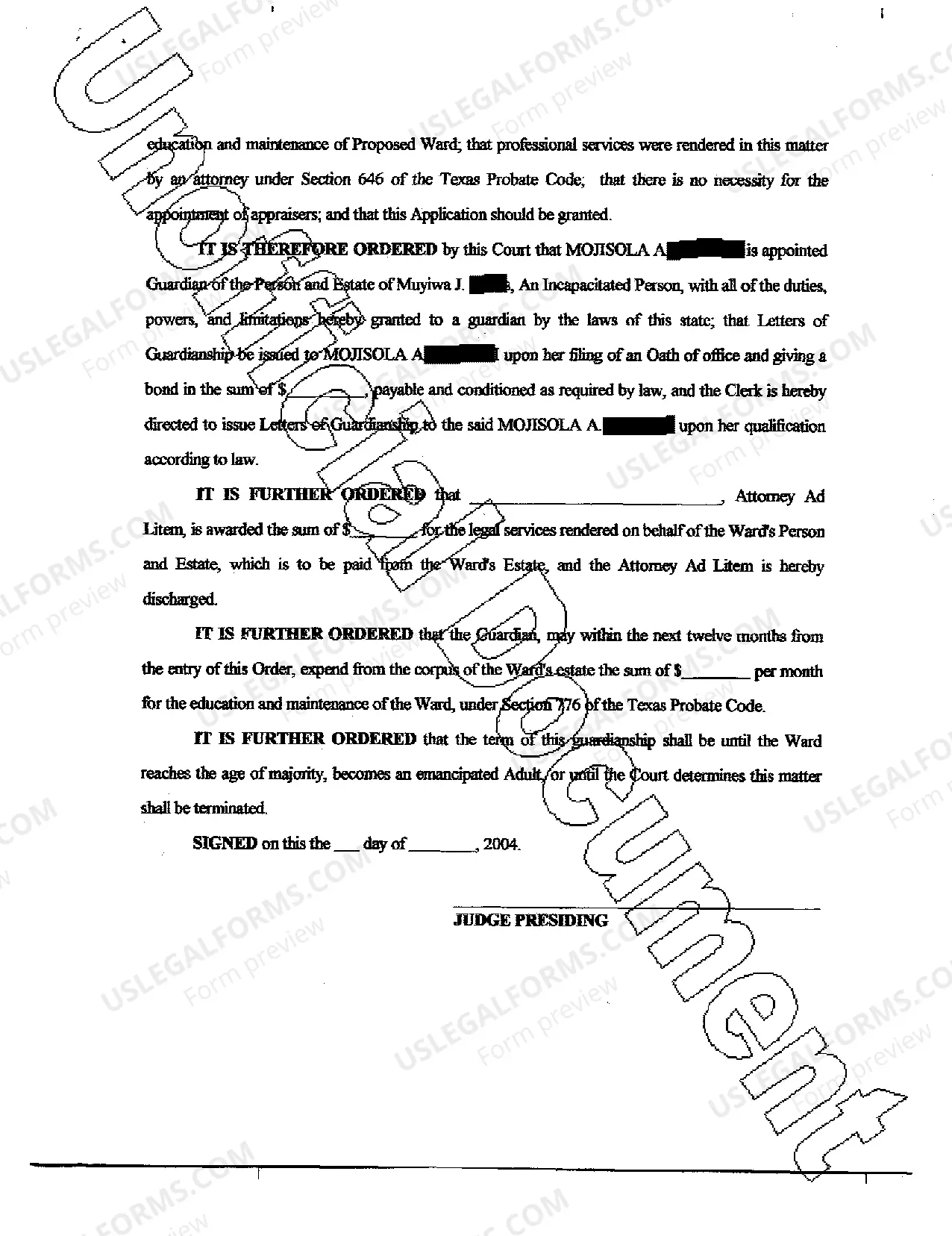 Preview Order Appointing Permanent Guardian of Person and Estate