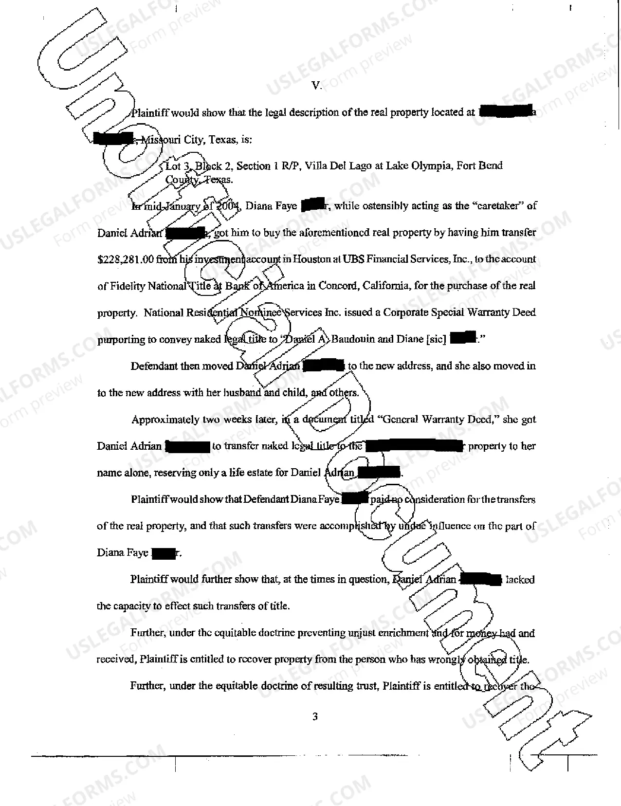 Preview Plaintiff's Original Petition for Disgorgement, Money and Resulting Trust