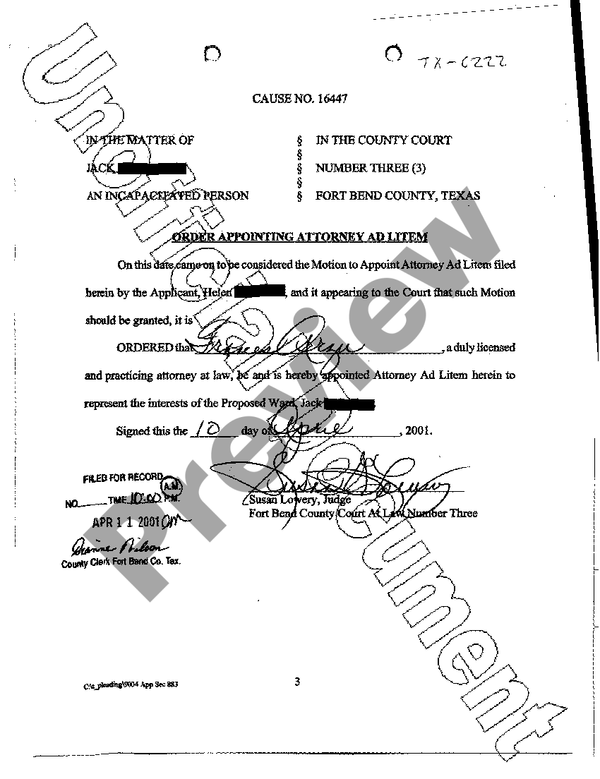 Texas Order Appointing Attorney Ad Litem US Legal Forms
