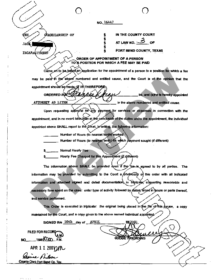 Frisco Texas Order Appointing Attorney Ad Litem US Legal Forms
