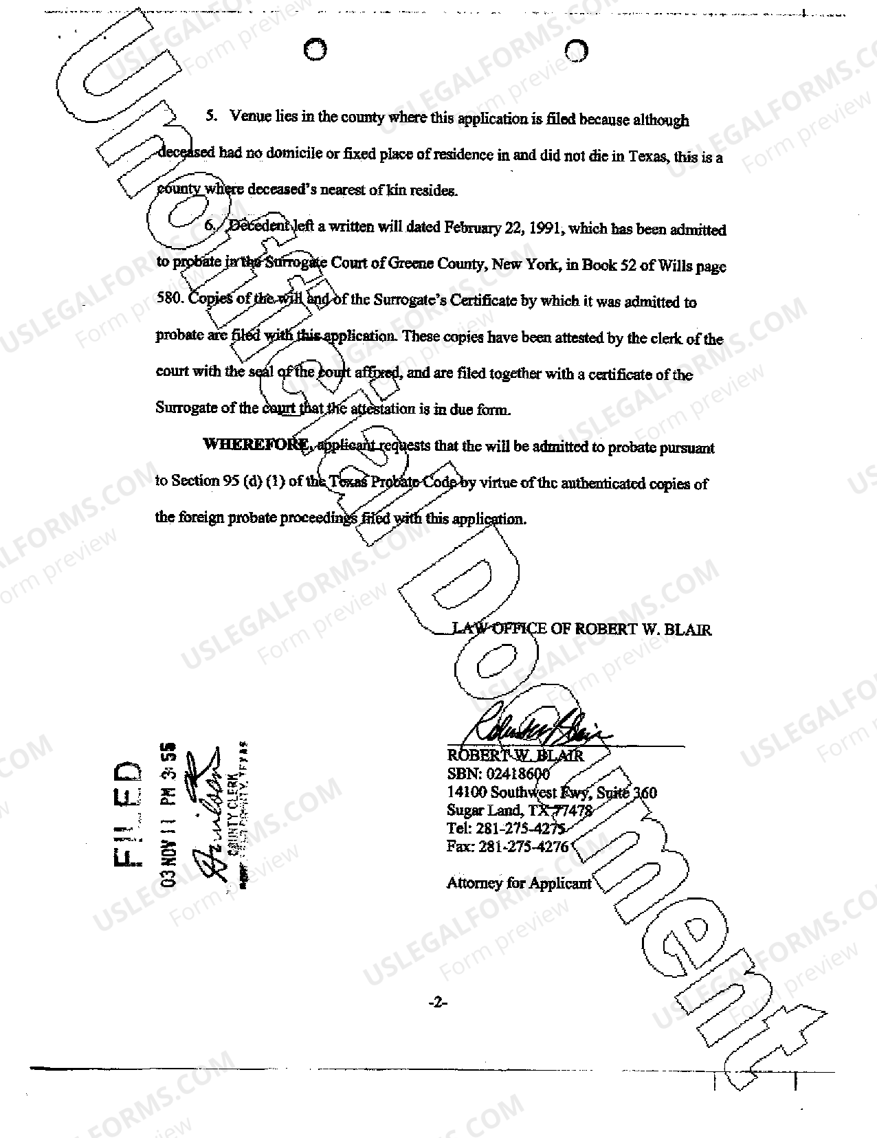 Plano Texas Application for Probate of Foreign Will US Legal Forms
