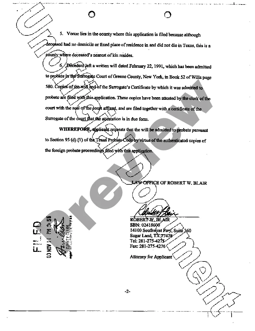 Preview Application for Probate of Foreign Will