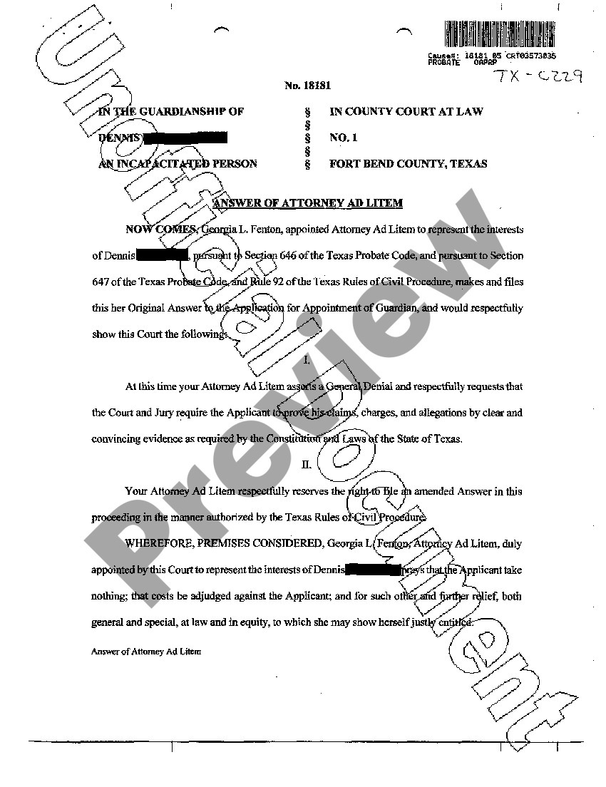 Harris Texas Answer of Attorney Ad Litem US Legal Forms