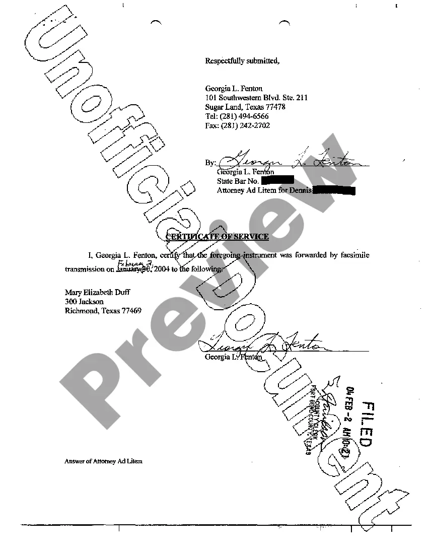 Preview Answer of Attorney Ad Litem