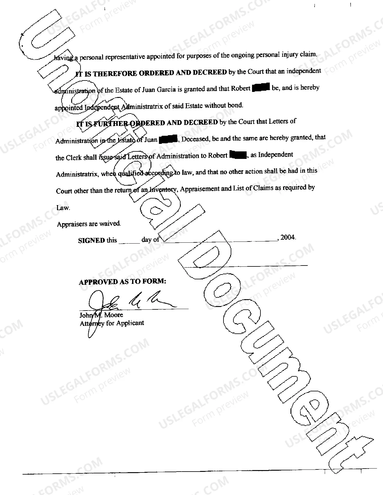 Preview Order Granting Independent Administration