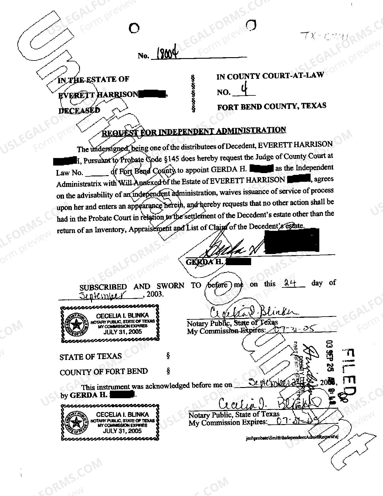 Texas Request for Independent Administration Letters Of Independent Administration Texas US