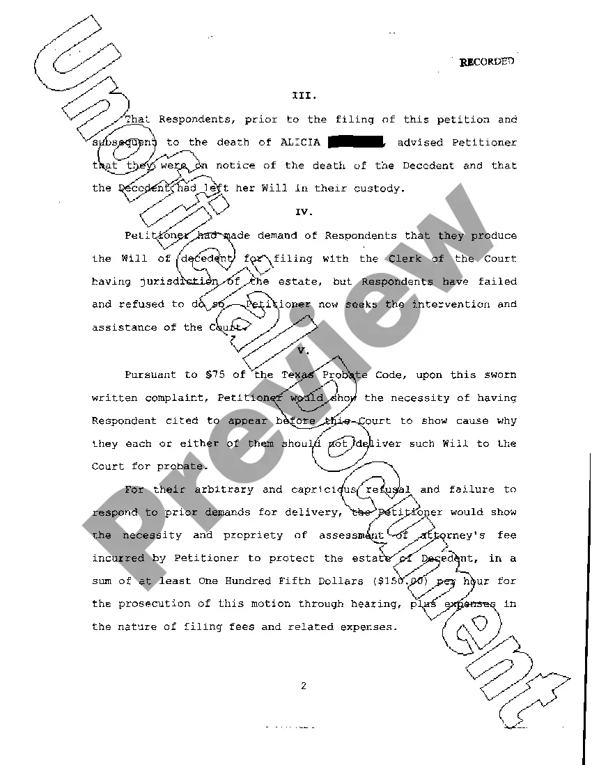 Preview Petition for Release and Delivery of Will