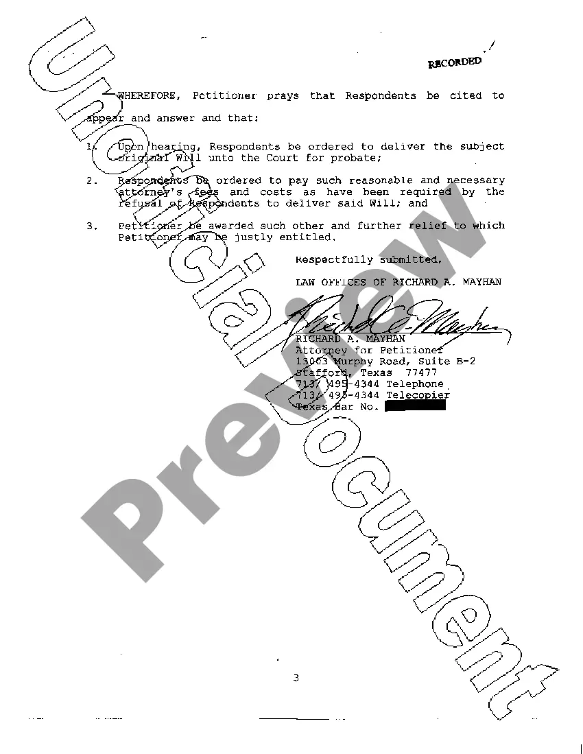 Preview Petition for Release and Delivery of Will