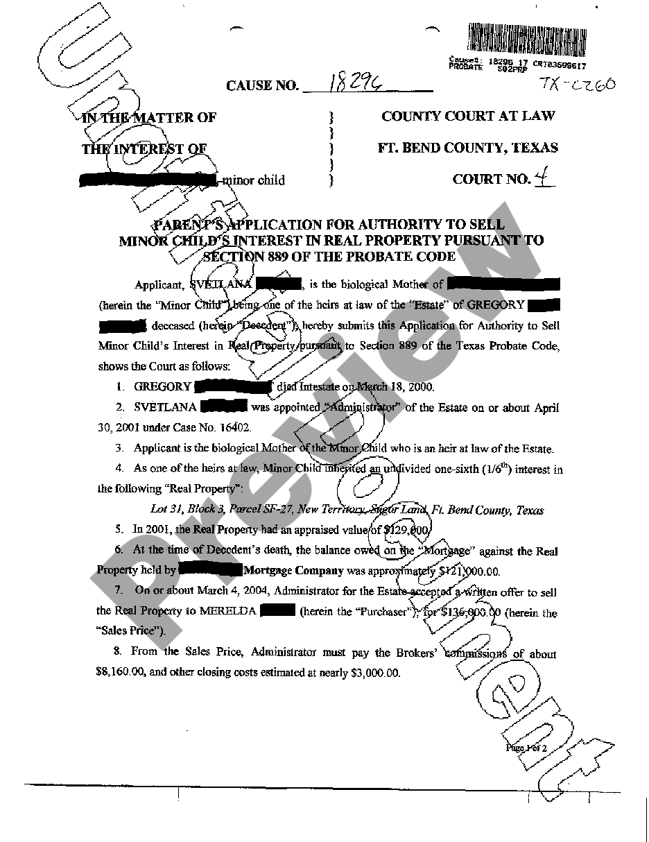 San Antonio Texas Parents Application for Authority to Sell Minor Child ...