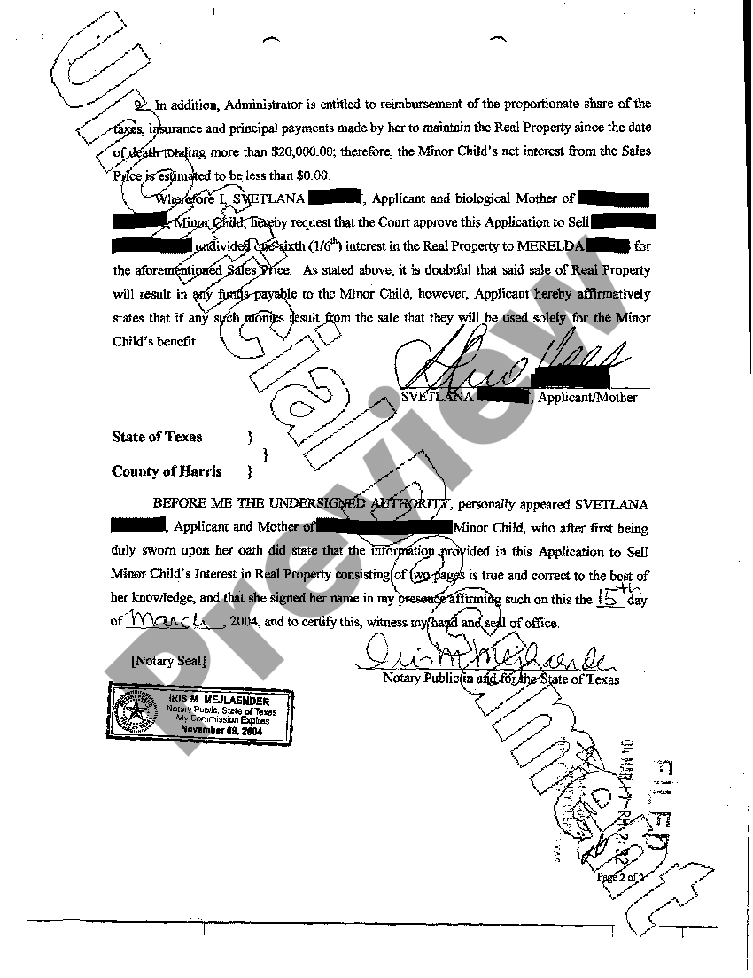 San Antonio Texas Parents Application for Authority to Sell Minor Child