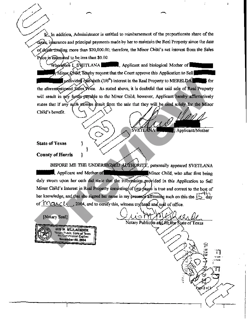 Preview Parents Application for Authority to Sell Minor Child's Interest in Real Property