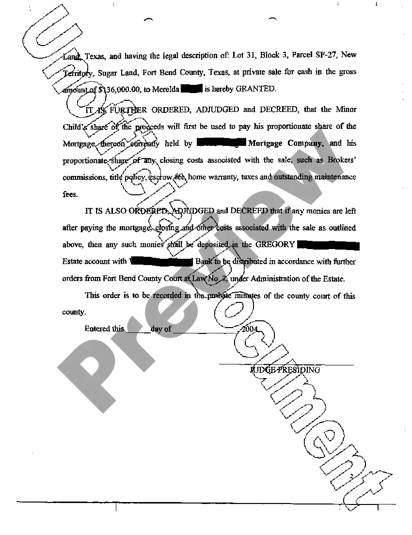 Preview Order Granting Mother's Application for Authority to Sell Minor Child's Interest in Real Property