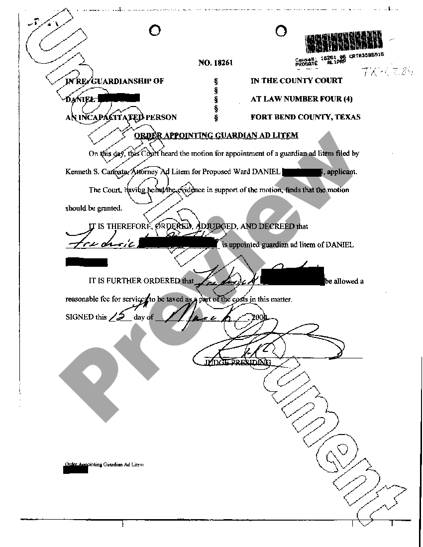 Texas Order Appointing Guardian Ad Litem Order Appointing Guardian Ad