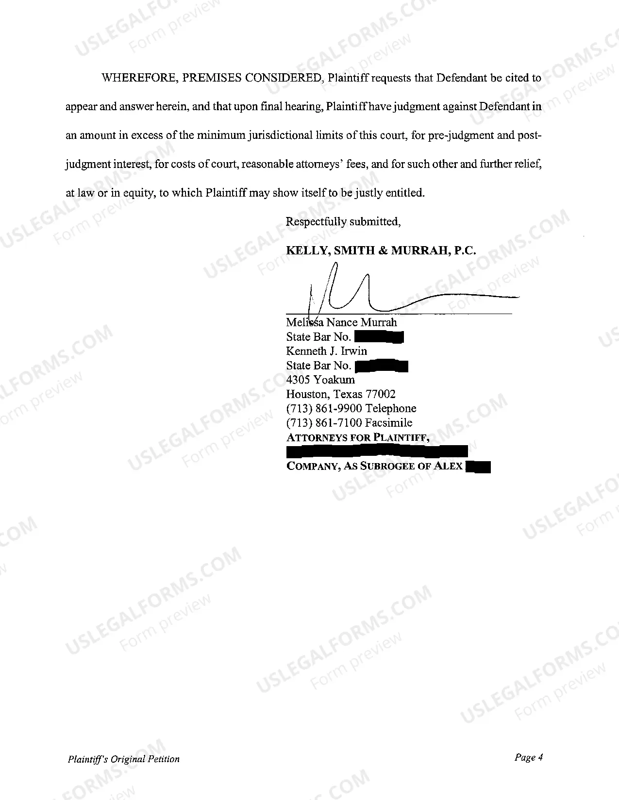 Preview A01 Plaintiffs Original Petition for Subrogation regarding Auto Accident