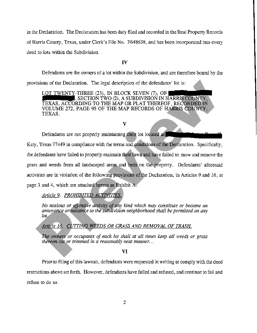 Get A01 Homeowners' Association Petition and Application for Injunction against Homeowner for Failure to Maintain Property Preview A01 Homeowners' Association Petition and Application for Injunction against Homeowner for Failure to Maintain Property