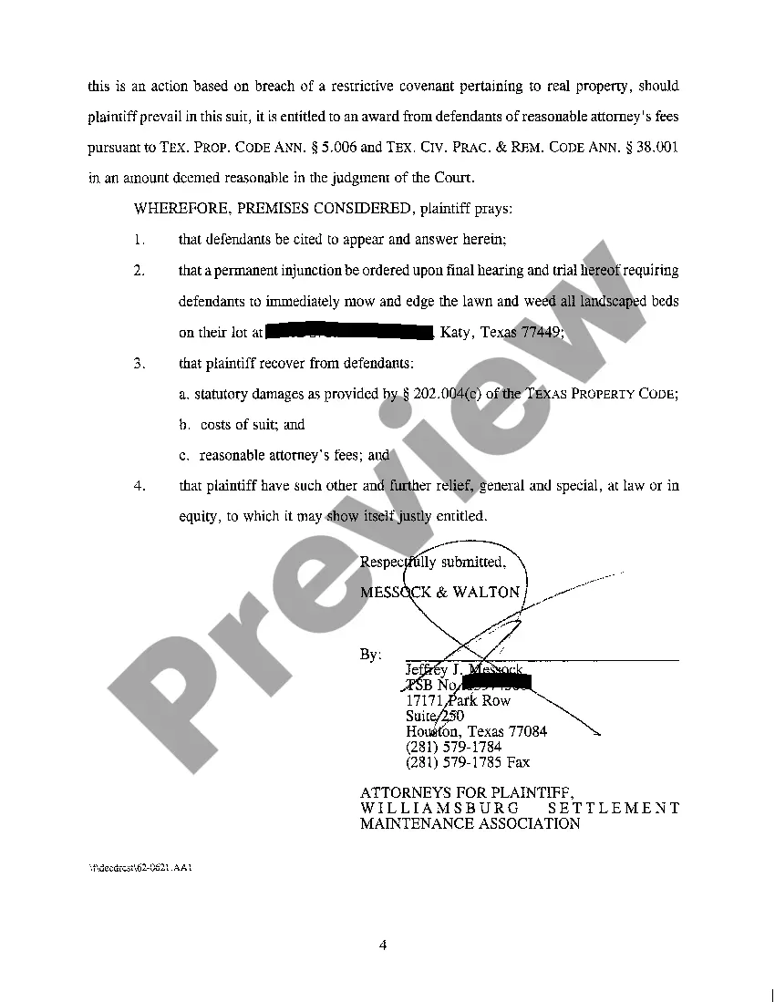Get A01 Homeowners' Association Petition and Application for Injunction against Homeowner for Failure to Maintain Property Preview A01 Homeowners' Association Petition and Application for Injunction against Homeowner for Failure to Maintain Property