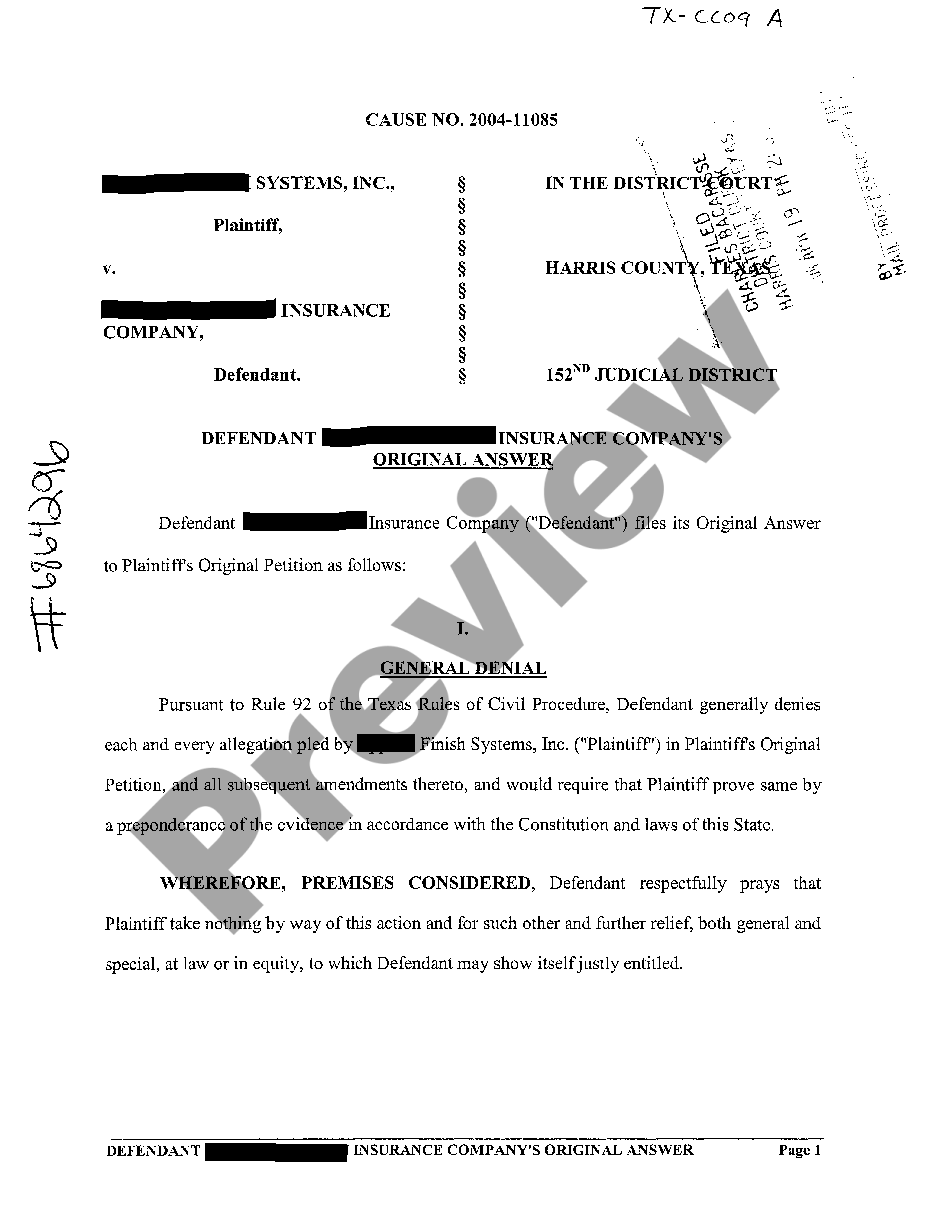 Beaumont Texas Defendants Answer And General Denial | US Legal Forms