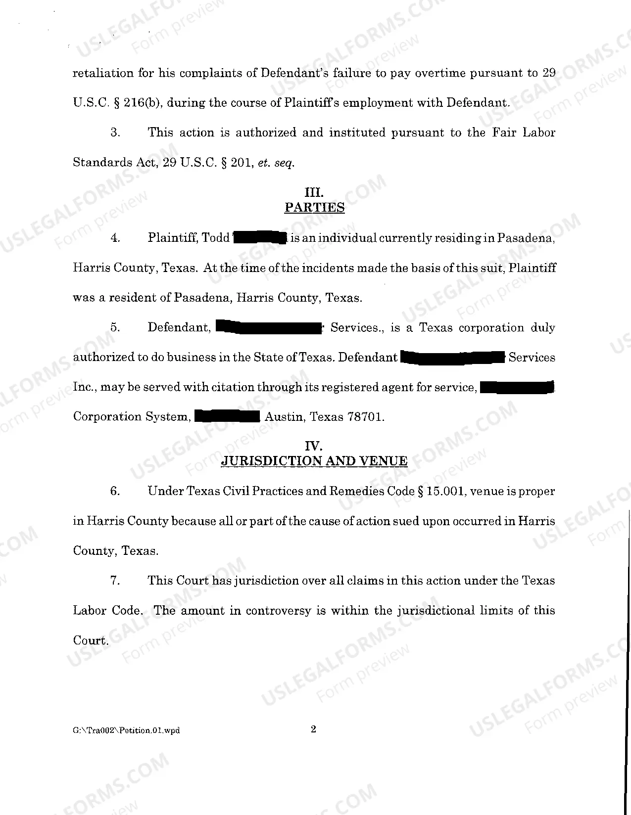 Preview A01 Plaintiffs Original Petition regarding Retaliatory Discharge and Overtime Pay