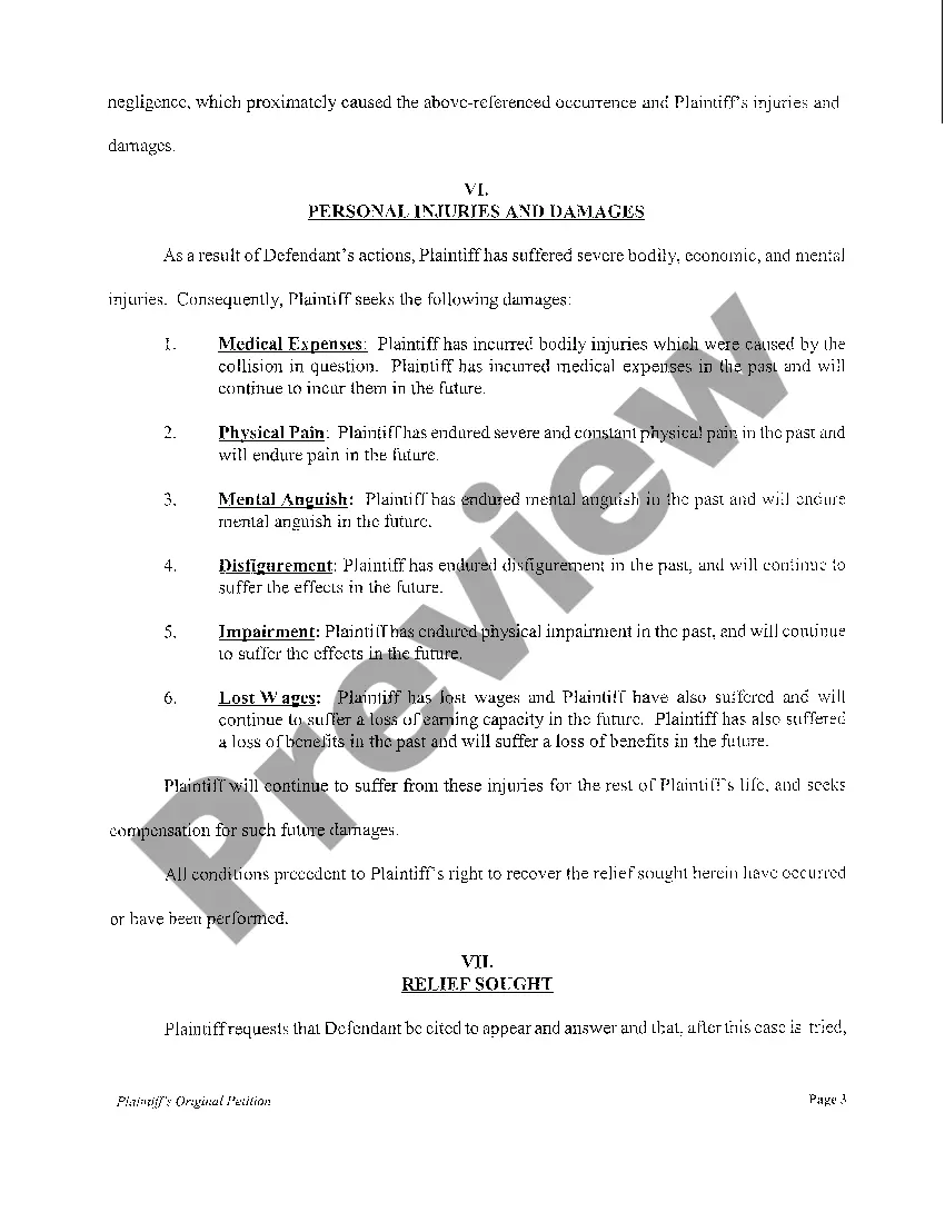 Preview A01 Plaintiffs Original Petition for Automobile Motor Vehicle Accident