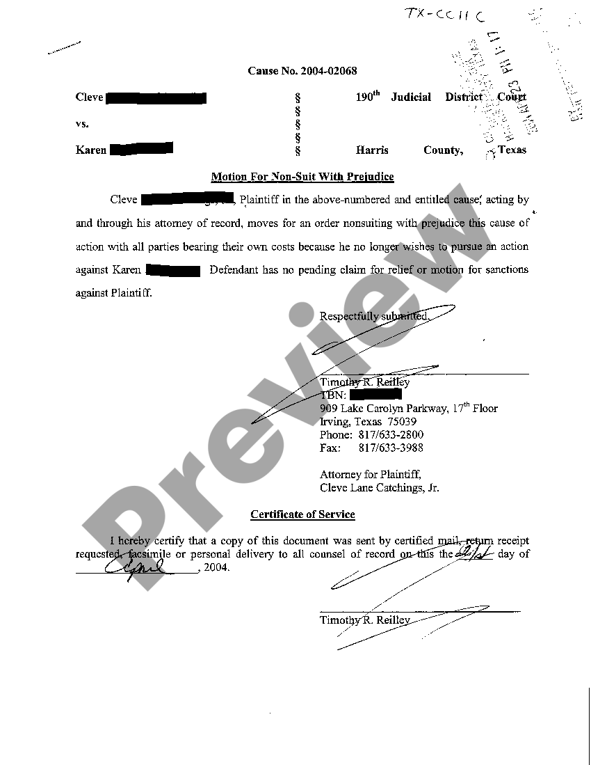 Texas Motion For Nonsuit With Prejudice What Is A Motion For Nonsuit US Legal Forms