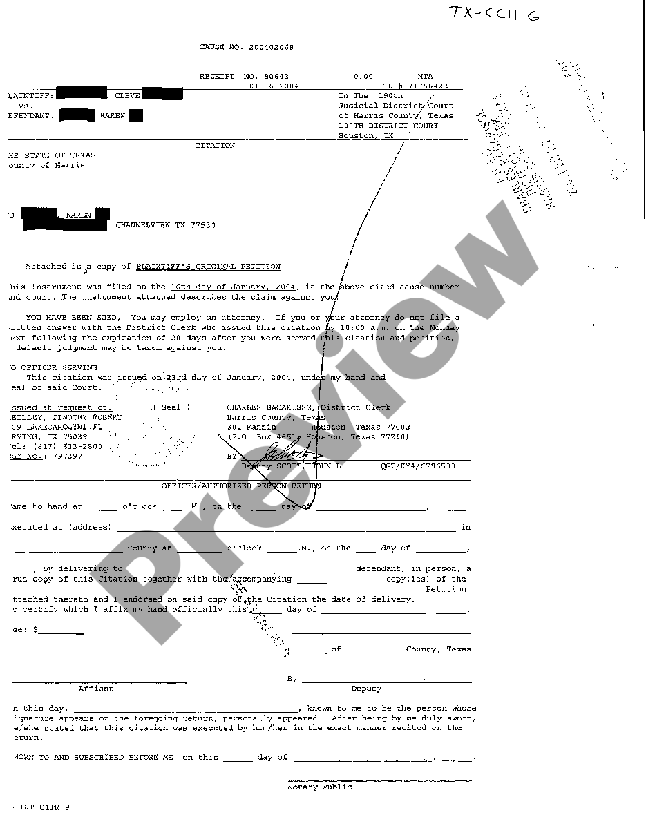 Fort Worth Texas Citation Notice Of Petition To Defendant Us Legal Forms