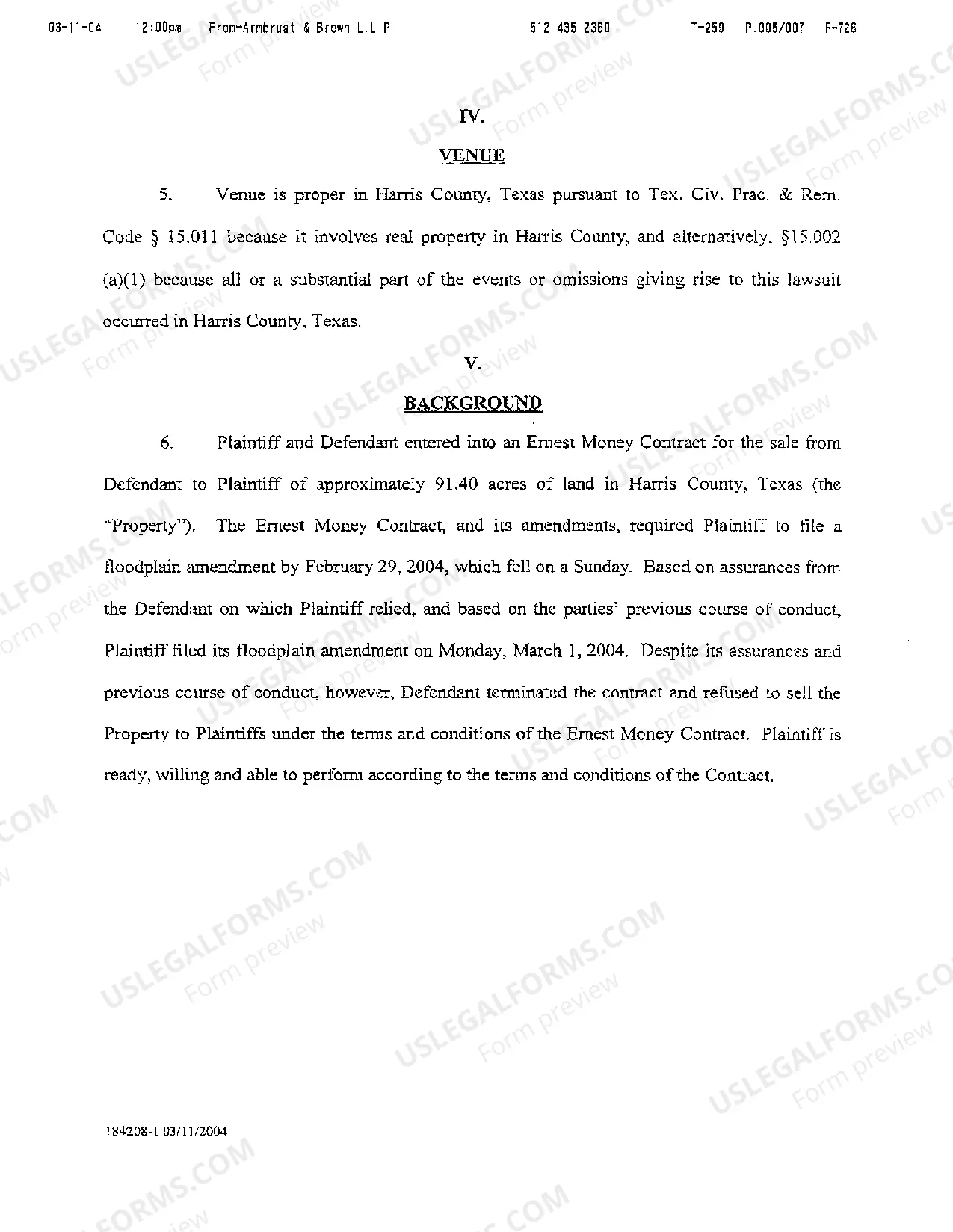 Preview A01 Plaintiffs Original Petition regarding Breach of Land Purchase Contract