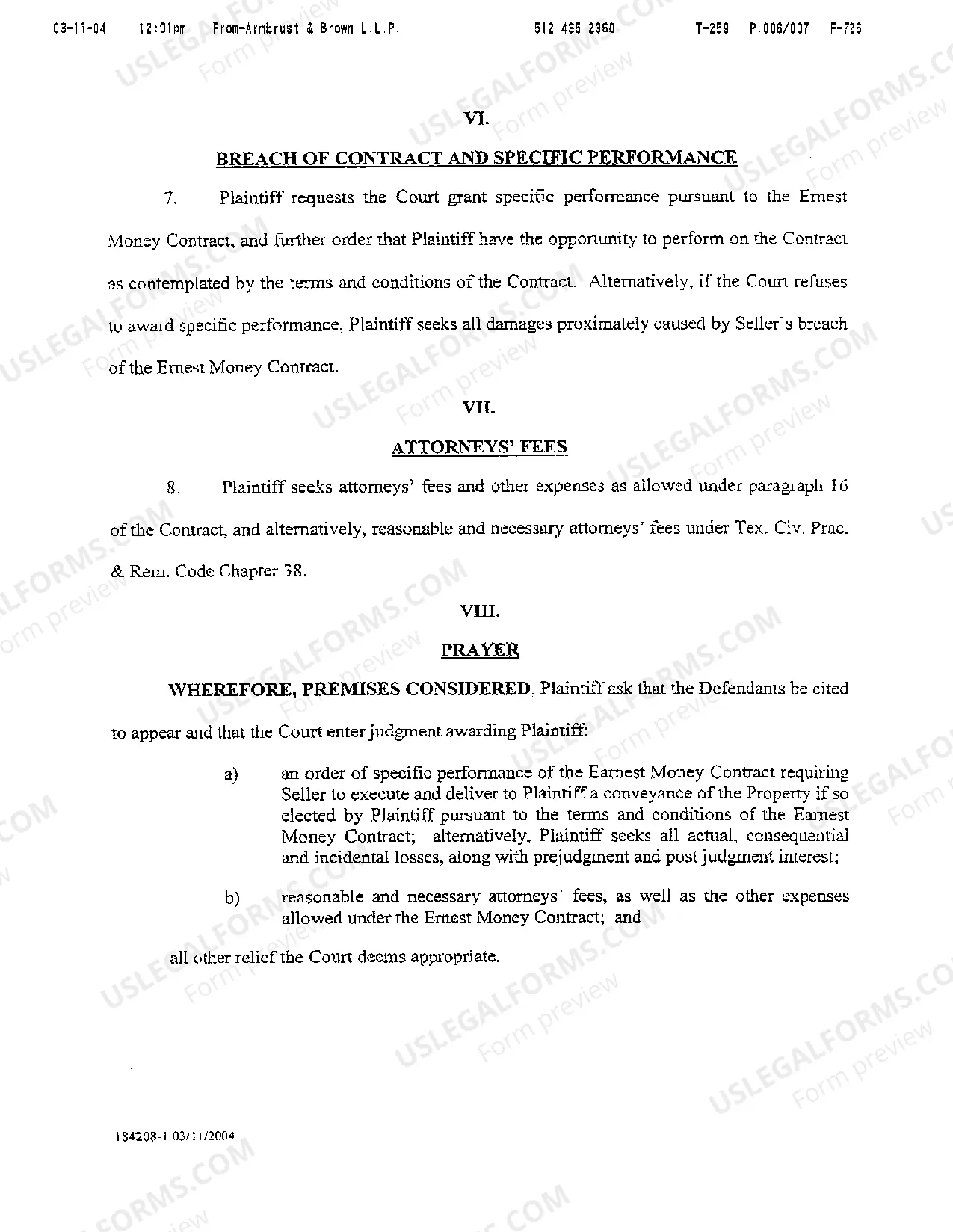 Preview A01 Plaintiffs Original Petition regarding Breach of Land Purchase Contract