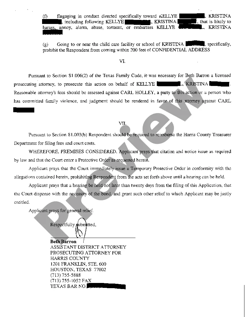 Preview A01 Application For Protective Order regarding Domestic Violence