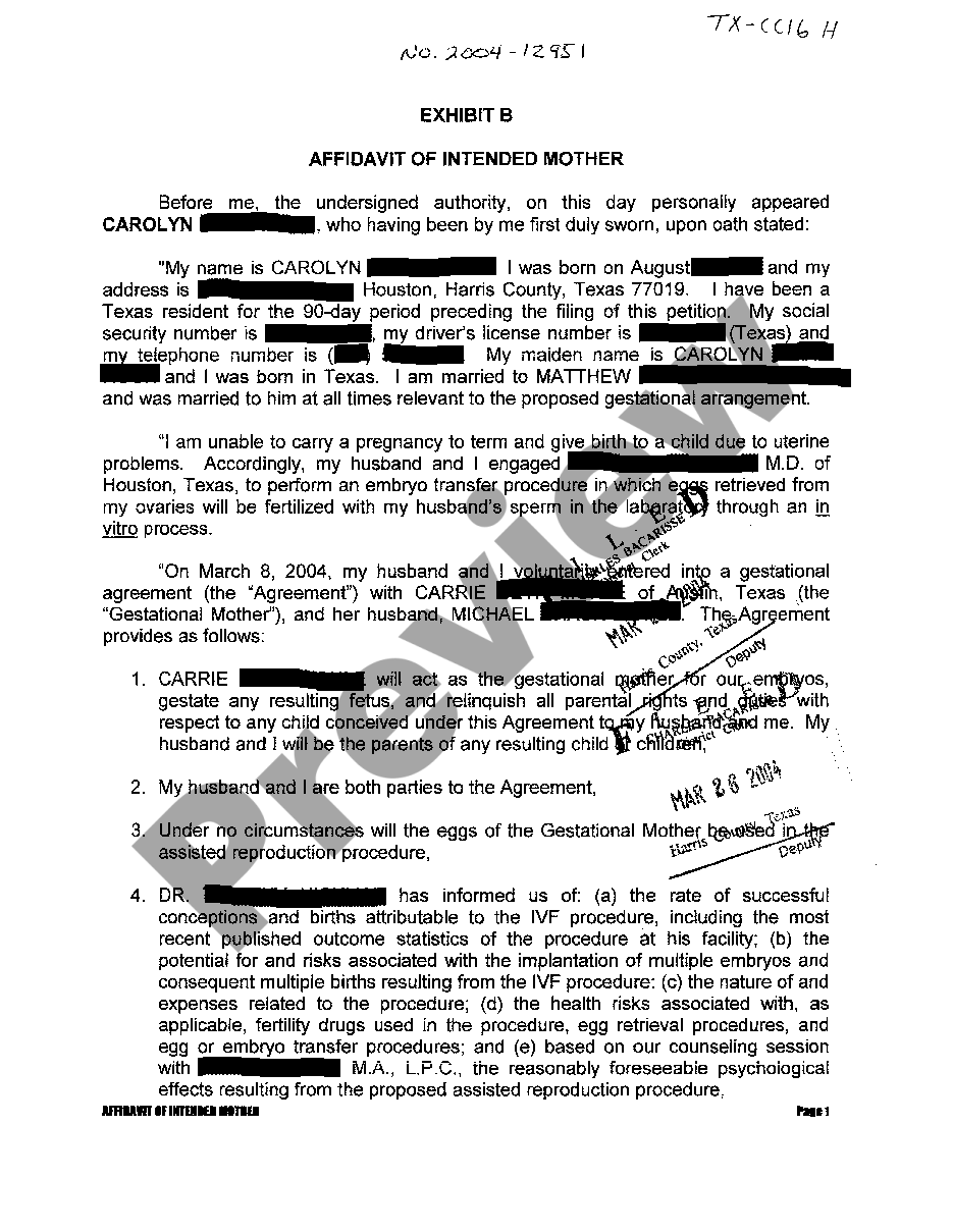 Laredo Texas Exhibit B Affidavit Of Intended Mother | US Legal Forms