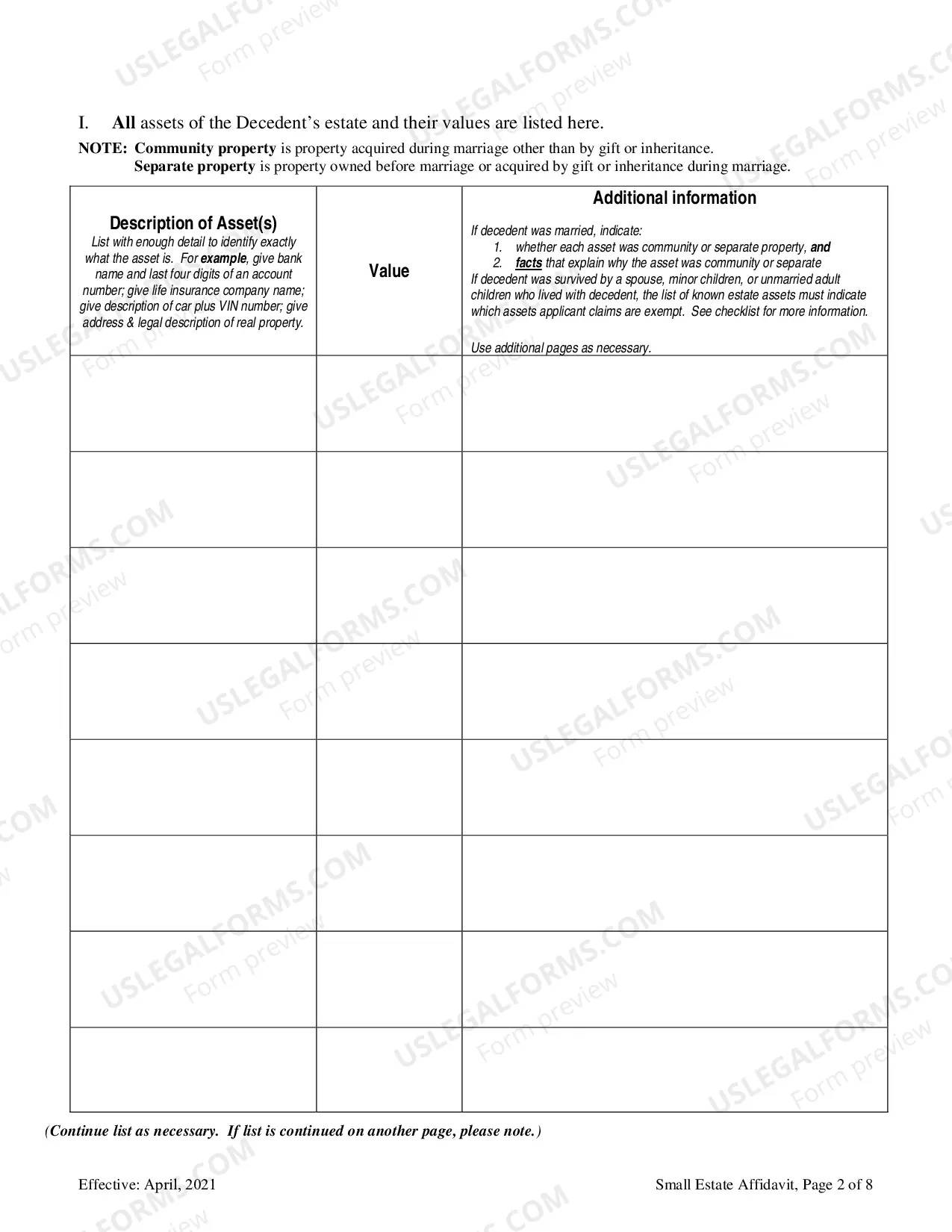 Preview Small Estate Affidavit Form - Order Included