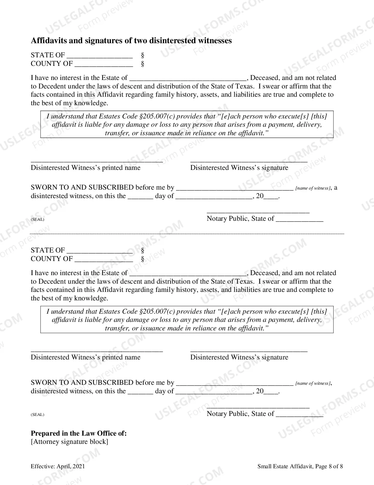 Preview Small Estate Affidavit Form - Order Included