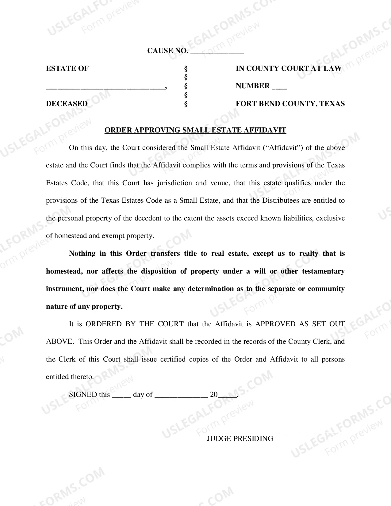 Preview Small Estate Affidavit Form - Order Included