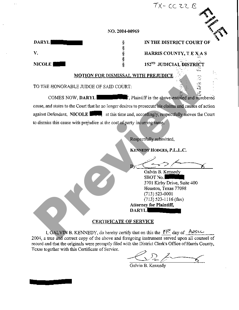Houston Texas Motion For Dismissal With Prejudice US Legal Forms