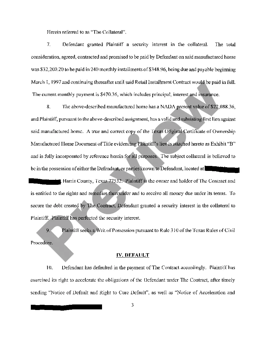 Get A01 Plaintiffs Original Petition for Foreclosure on Mobile Home Preview A01 Plaintiffs Original Petition for Foreclosure on Mobile Home