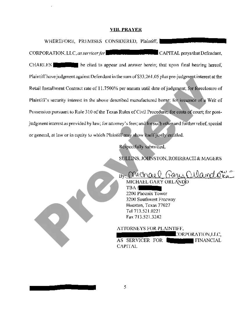 Get A01 Plaintiffs Original Petition for Foreclosure on Mobile Home Preview A01 Plaintiffs Original Petition for Foreclosure on Mobile Home