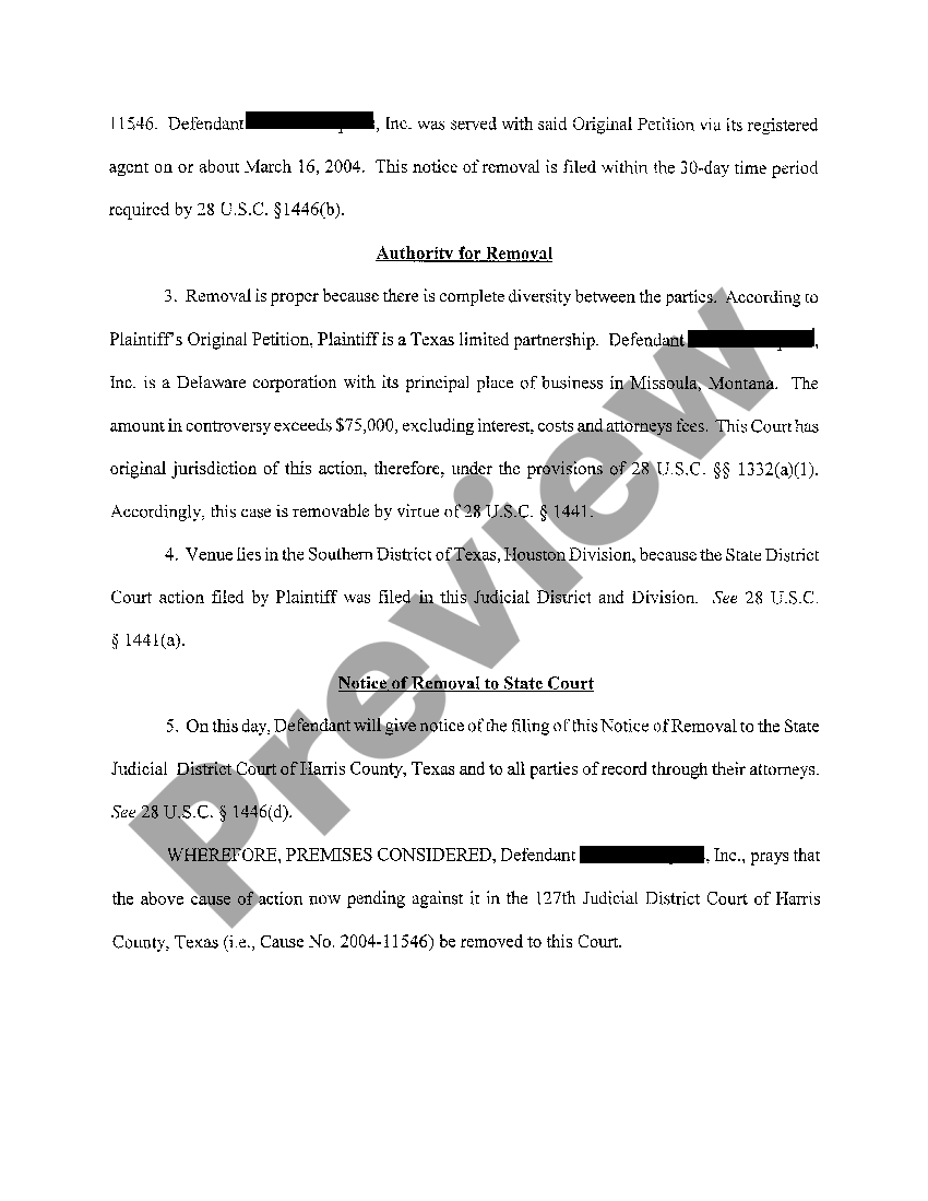 Texas Defendants Notice of Removal US Legal Forms