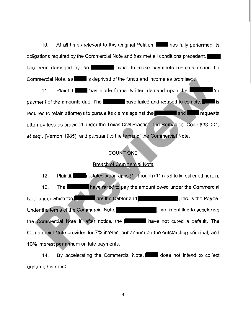 Preview A01 First Original Petition for Breach of Promissory Note