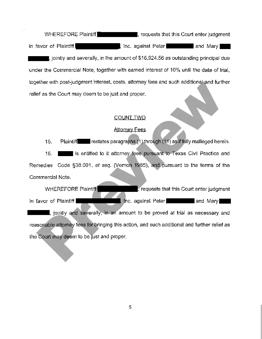 Preview A01 First Original Petition for Breach of Promissory Note