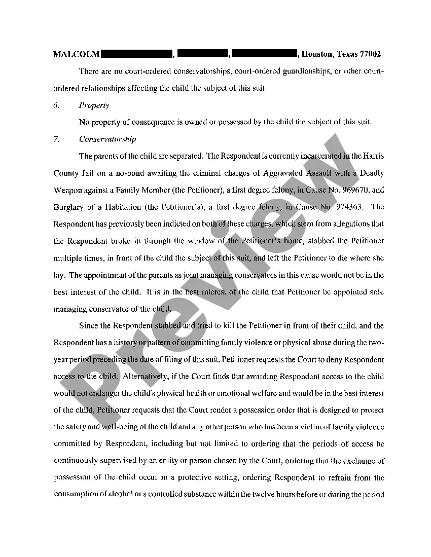 Preview A01 Petition in Suit Affecting the Parent / Child Relationship, Custody and Support