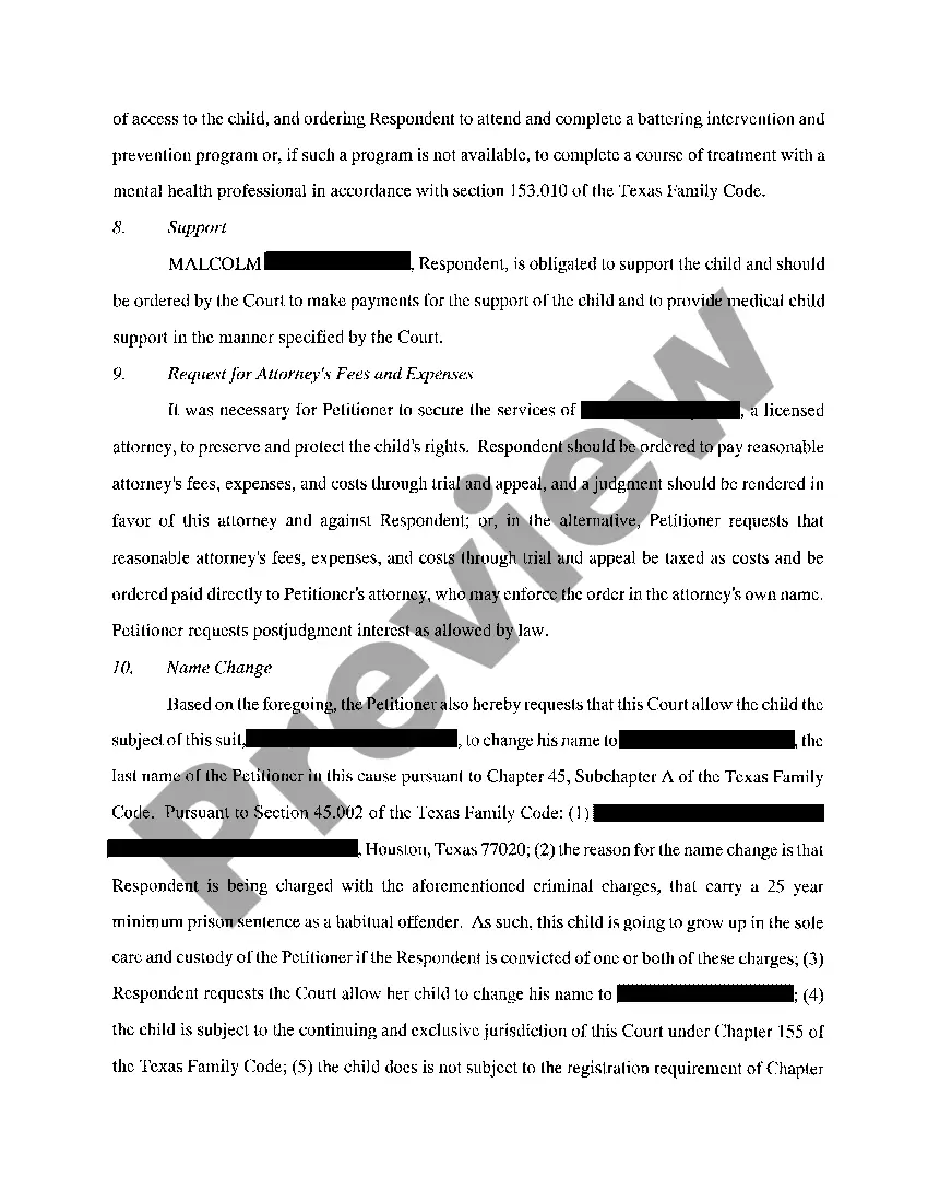 Preview A01 Petition in Suit Affecting the Parent / Child Relationship, Custody and Support