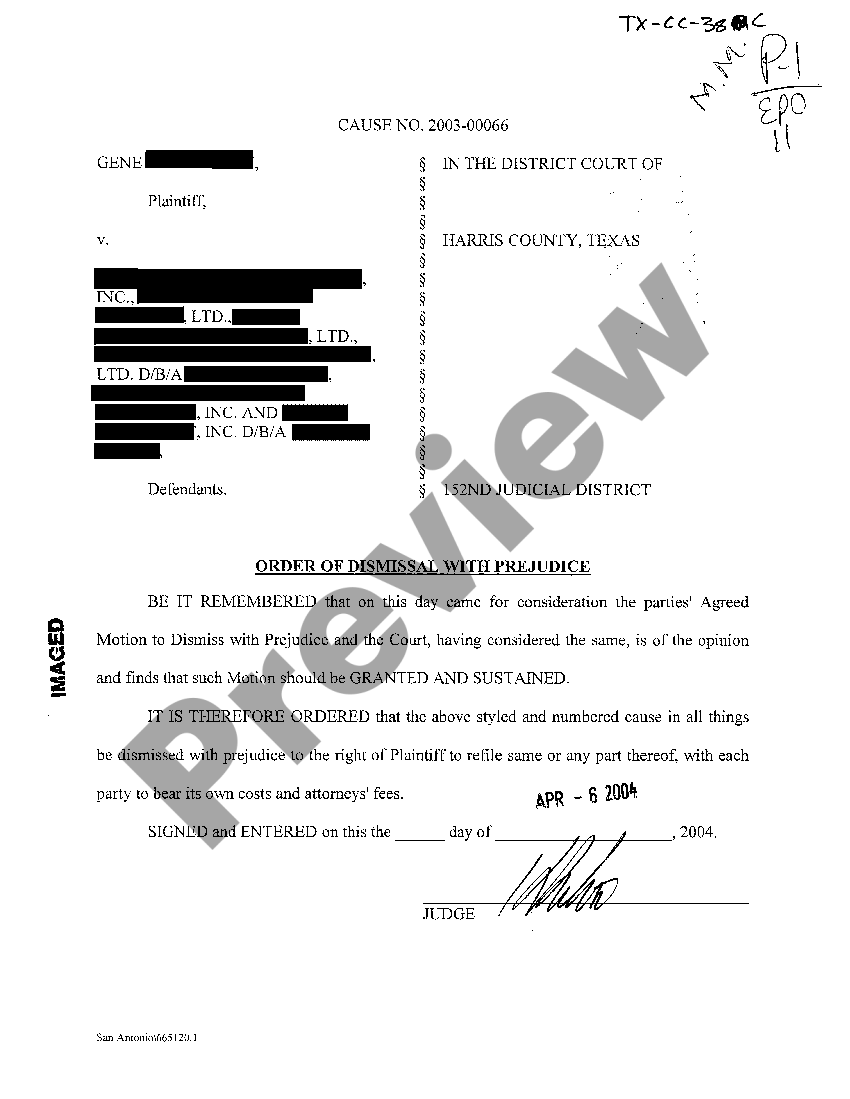 Texas Order of Dismissal With Prejudice US Legal Forms
