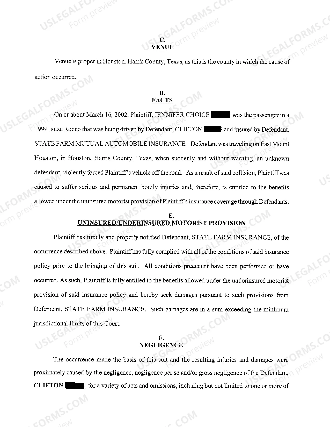 Preview A01 Plaintiff's Original Petition regarding Uninsured Underinsured Motorist