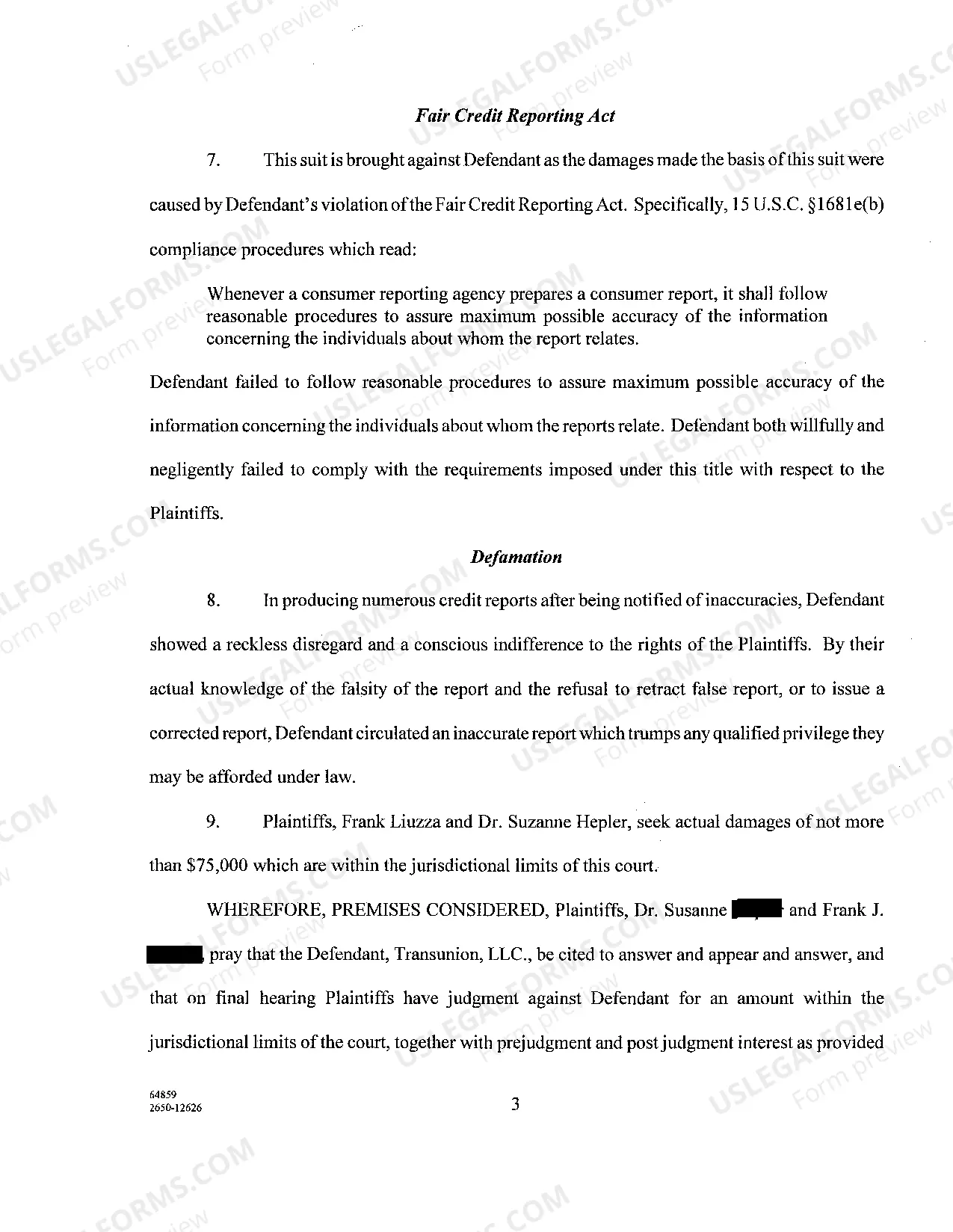 Preview A01 Plaintiff's Original Petition regarding Fair Credit Reporting Act