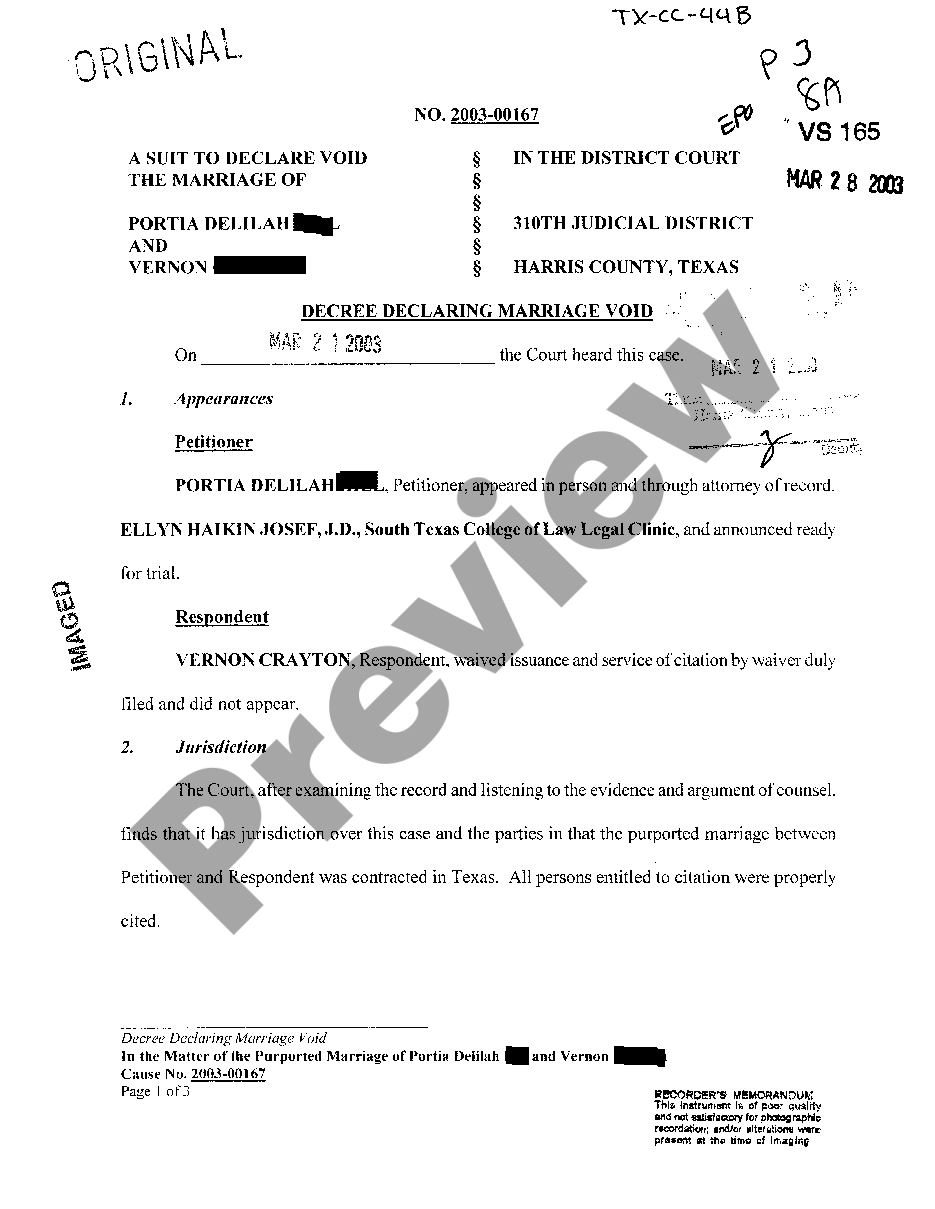 Texas Annulment Decrees Sample Case 1 Form | US Legal Forms